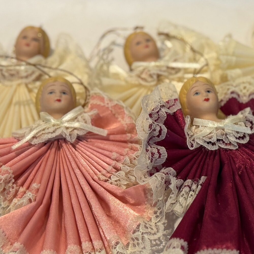 Vintage Satin Angel Ornaments Set of 6 – Ivory Pink Burgundy Lace Christmas Deco